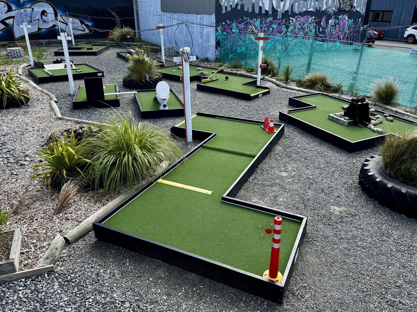 Course overview showing multiple holes and the cone star obstacle